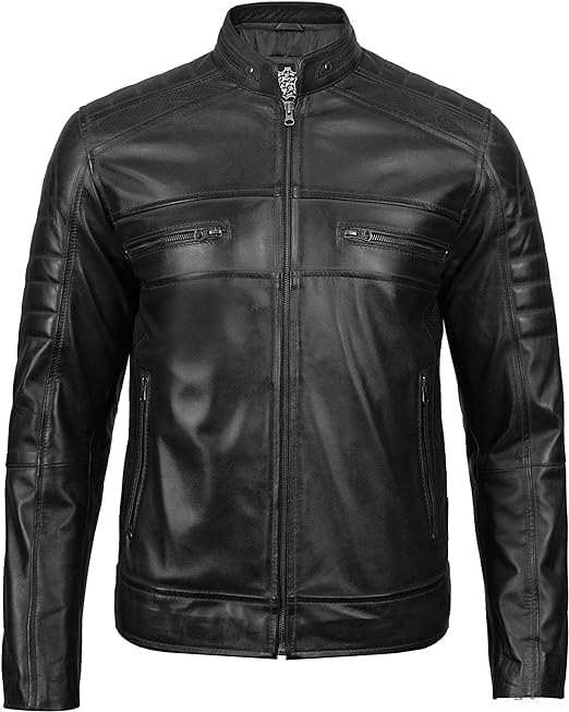 Classic Cafe Racer Style Real Lambskin Leather Jacket For Men - Black