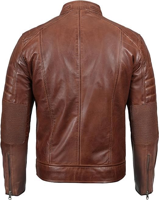 Classic Cafe Racer Style Real Lambskin Leather Jacket For Men - Brown