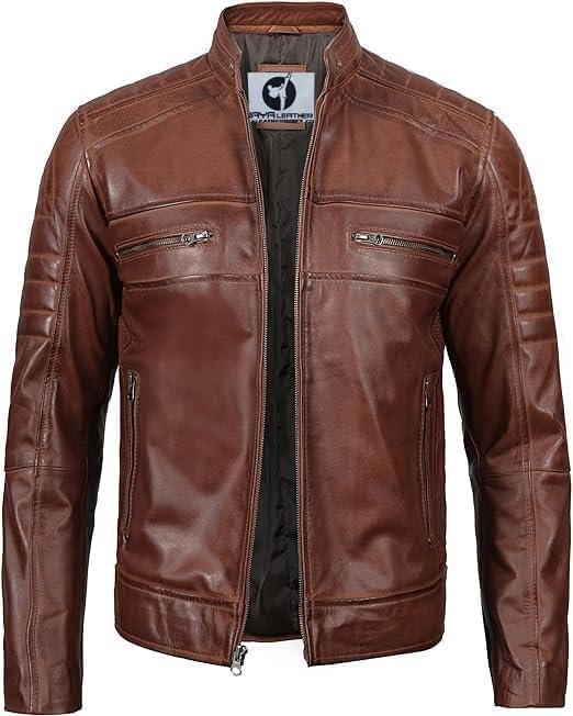 Classic Cafe Racer Style Real Lambskin Leather Jacket For Men - Brown