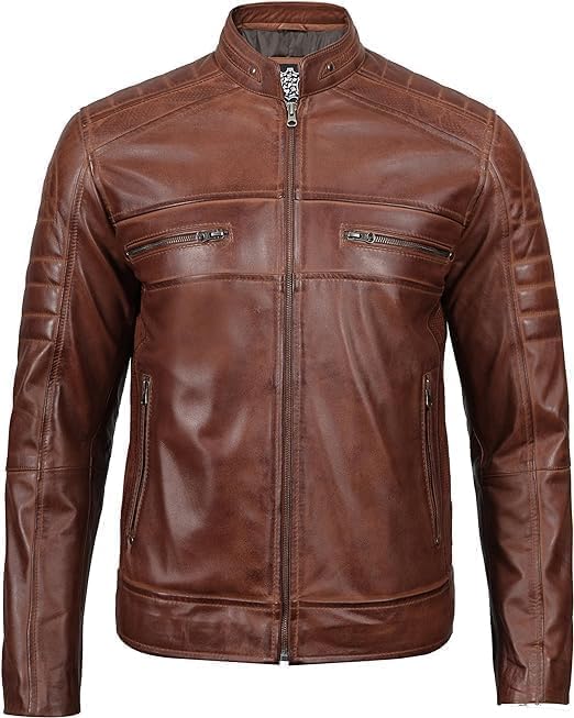 Classic Cafe Racer Style Real Lambskin Leather Jacket For Men - Brown