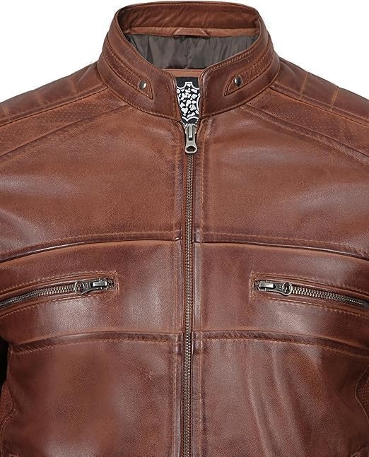 Classic Cafe Racer Style Real Lambskin Leather Jacket For Men - Brown