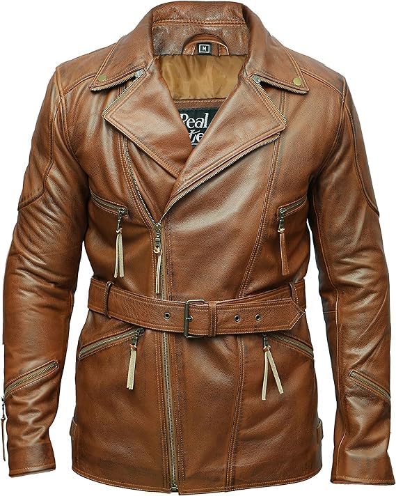 Men's Classic Cow Leather Trench Coat Biker Vintage Vexes Coat - Camel Brown