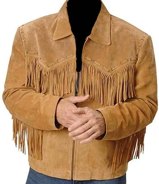 Men's Western Genuine Suede Leather Cowboy Jacket | Traditional Native American Coat with Fringed - Brown