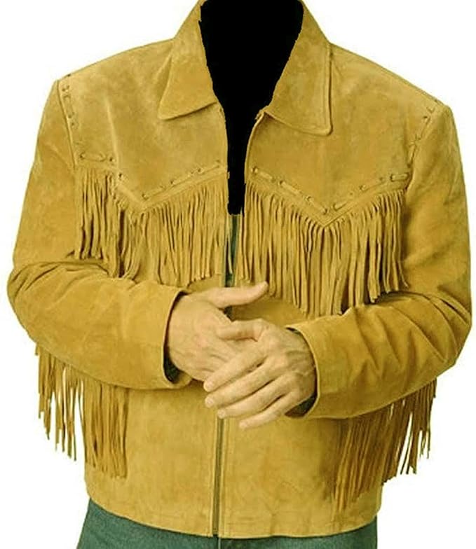 Men's Western Genuine Suede Leather Cowboy Jacket | Traditional Native American Coat with Fringed - Yellow