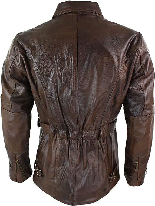 Men's Classic Cow Leather Trench Coat Biker Vintage Vexes Coat - Brown