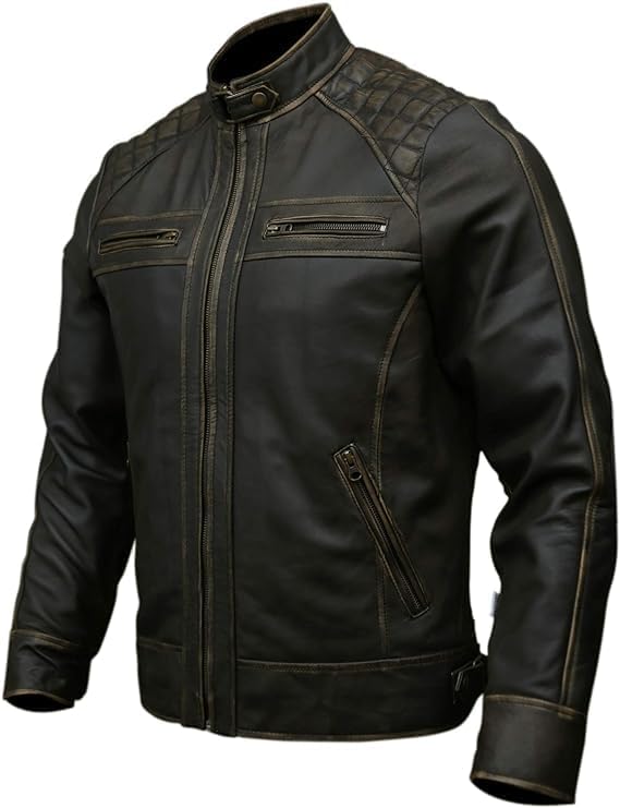 Distressed Brown Texture Lambskin Leather Biker Jacket