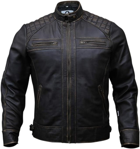 Distressed Brown Texture Lambskin Leather Biker Jacket