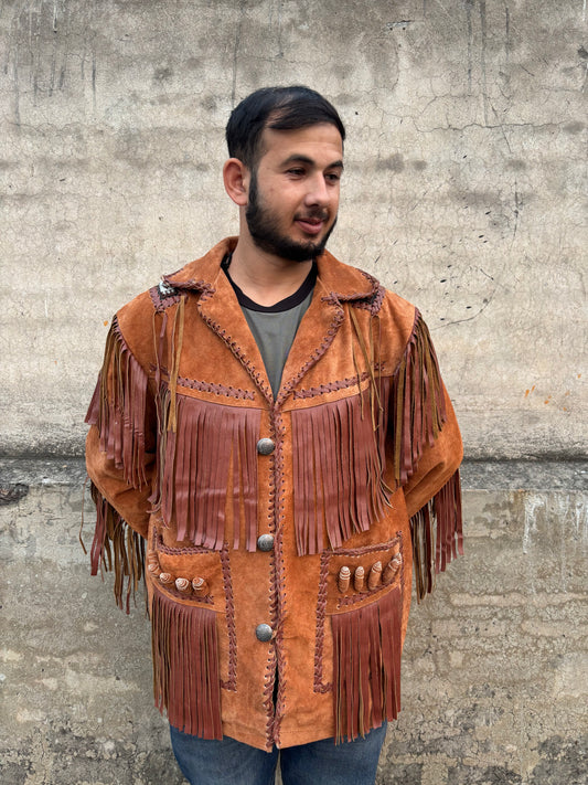 Men's Traditional Cowboy Western Leather Jacket | Native American Suede Coat with Beaded & Fringed - Camel