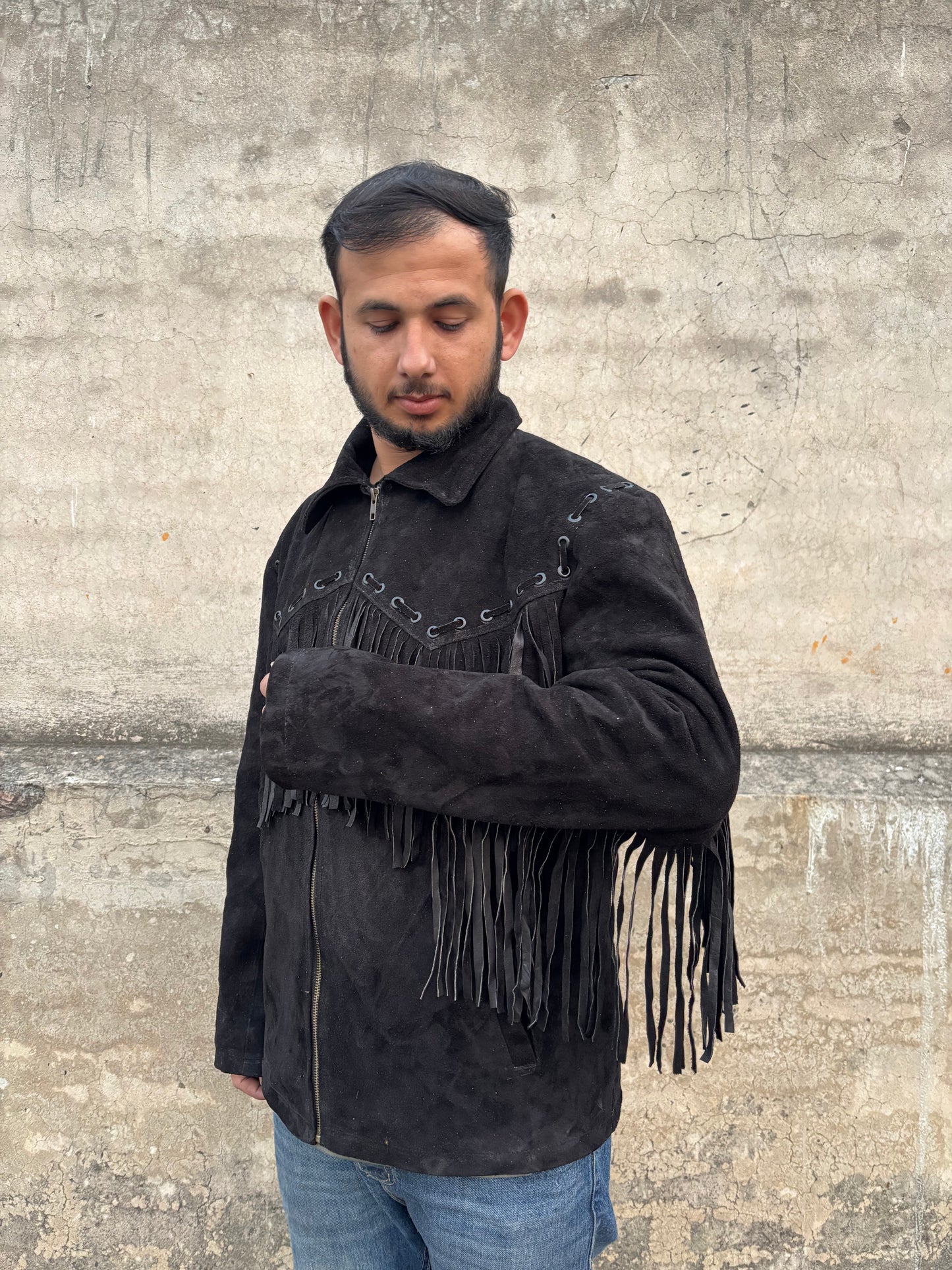 Men's Traditional Western Cowboy Suede Leather Jacket | Classic Native American Black Texture Jacket Coat with Fringed & Zipper