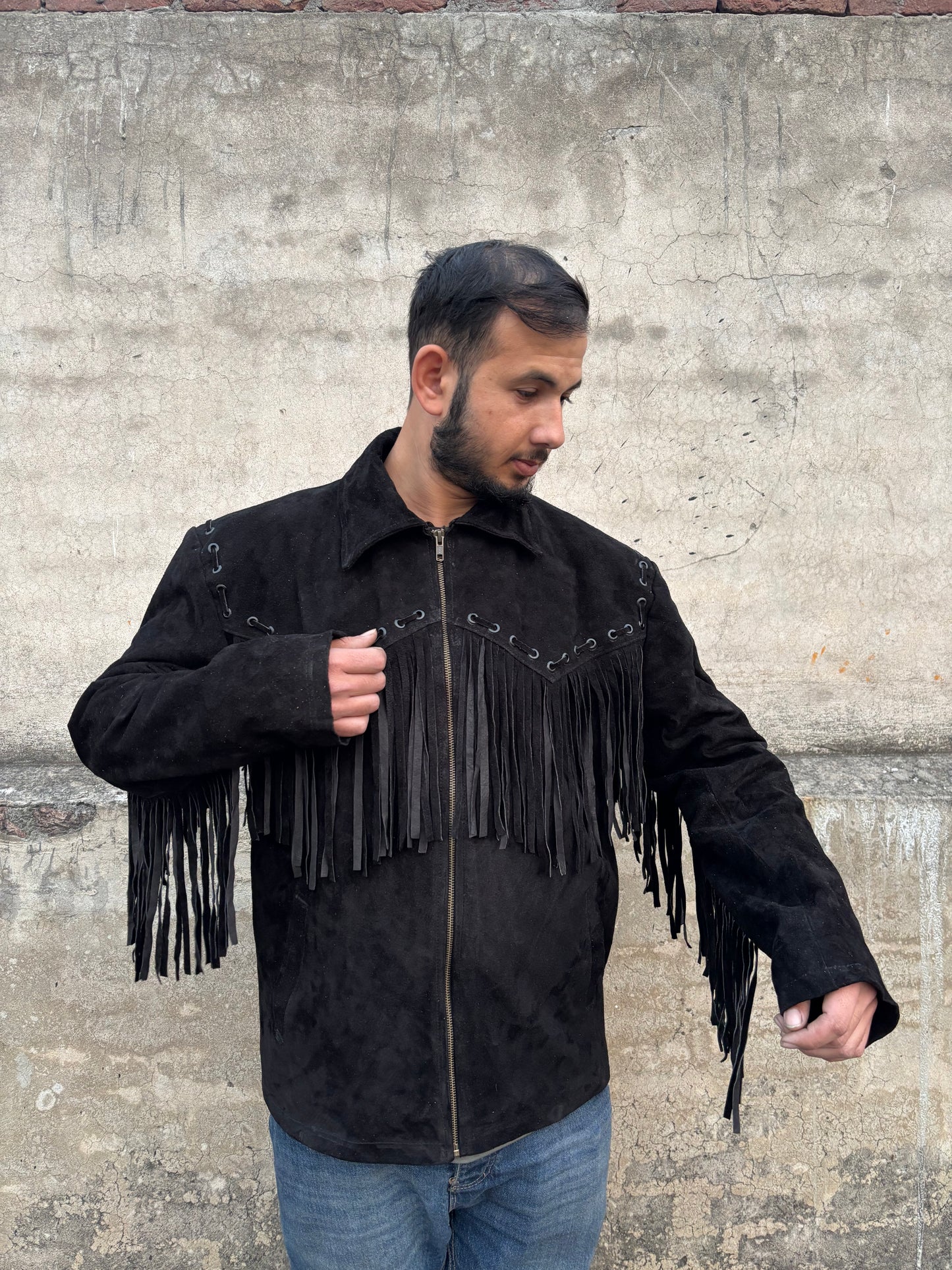 Men's Traditional Western Cowboy Suede Leather Jacket | Classic Native American Black Texture Jacket Coat with Fringed & Zipper