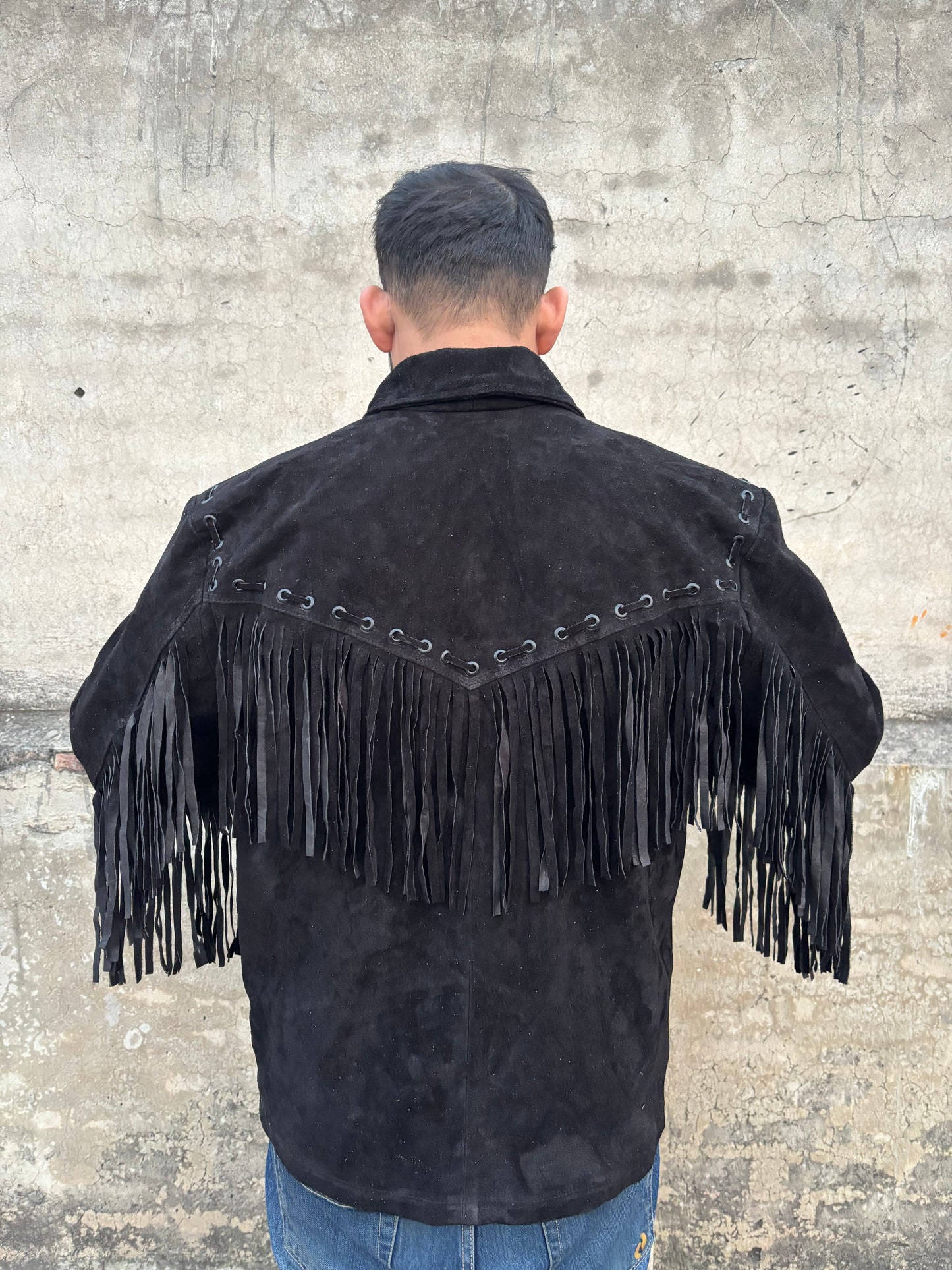 Men's Traditional Western Cowboy Suede Leather Jacket | Classic Native American Black Texture Jacket Coat with Fringed & Zipper