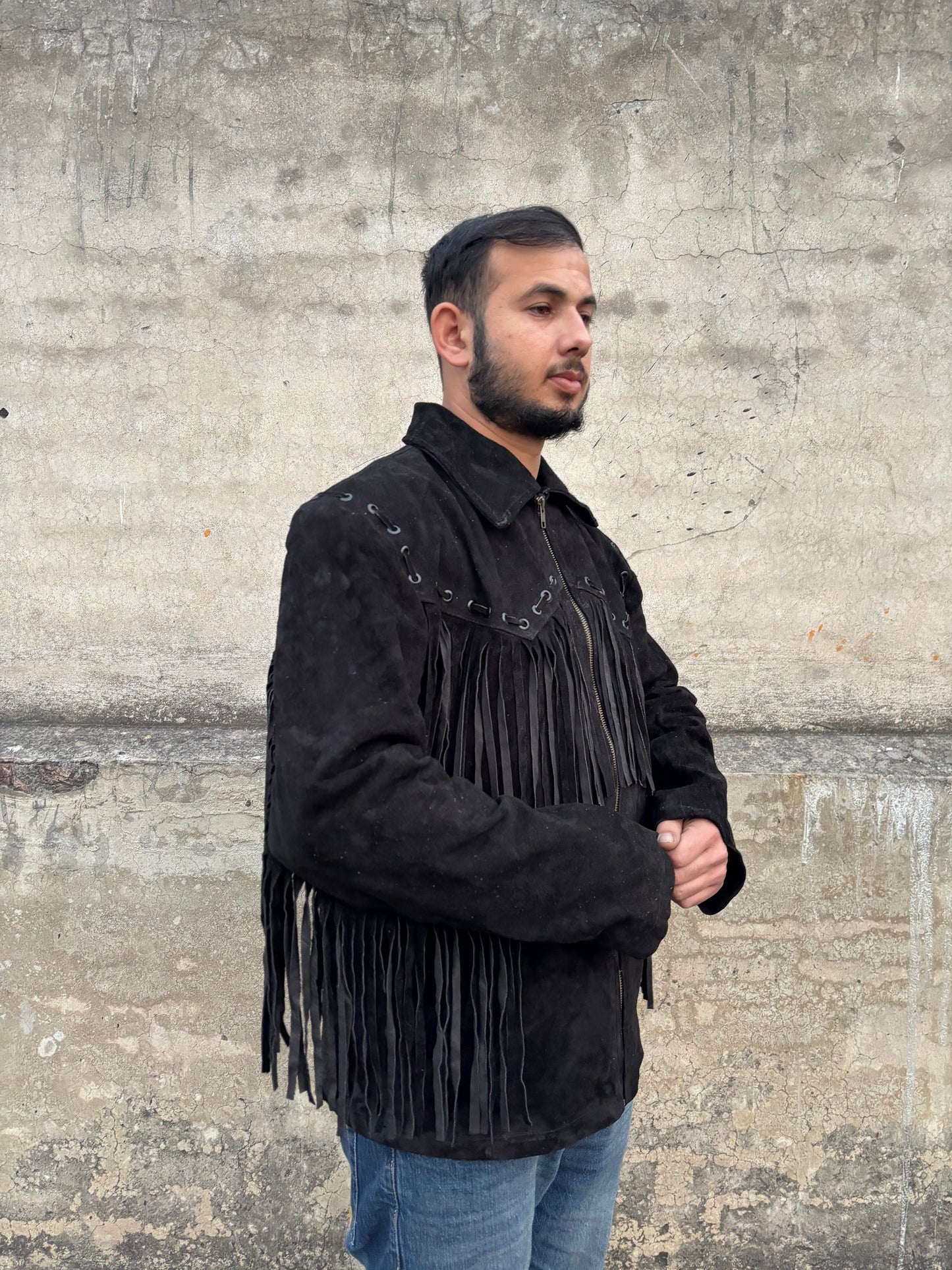 Men's Traditional Western Cowboy Suede Leather Jacket | Classic Native American Black Texture Jacket Coat with Fringed & Zipper