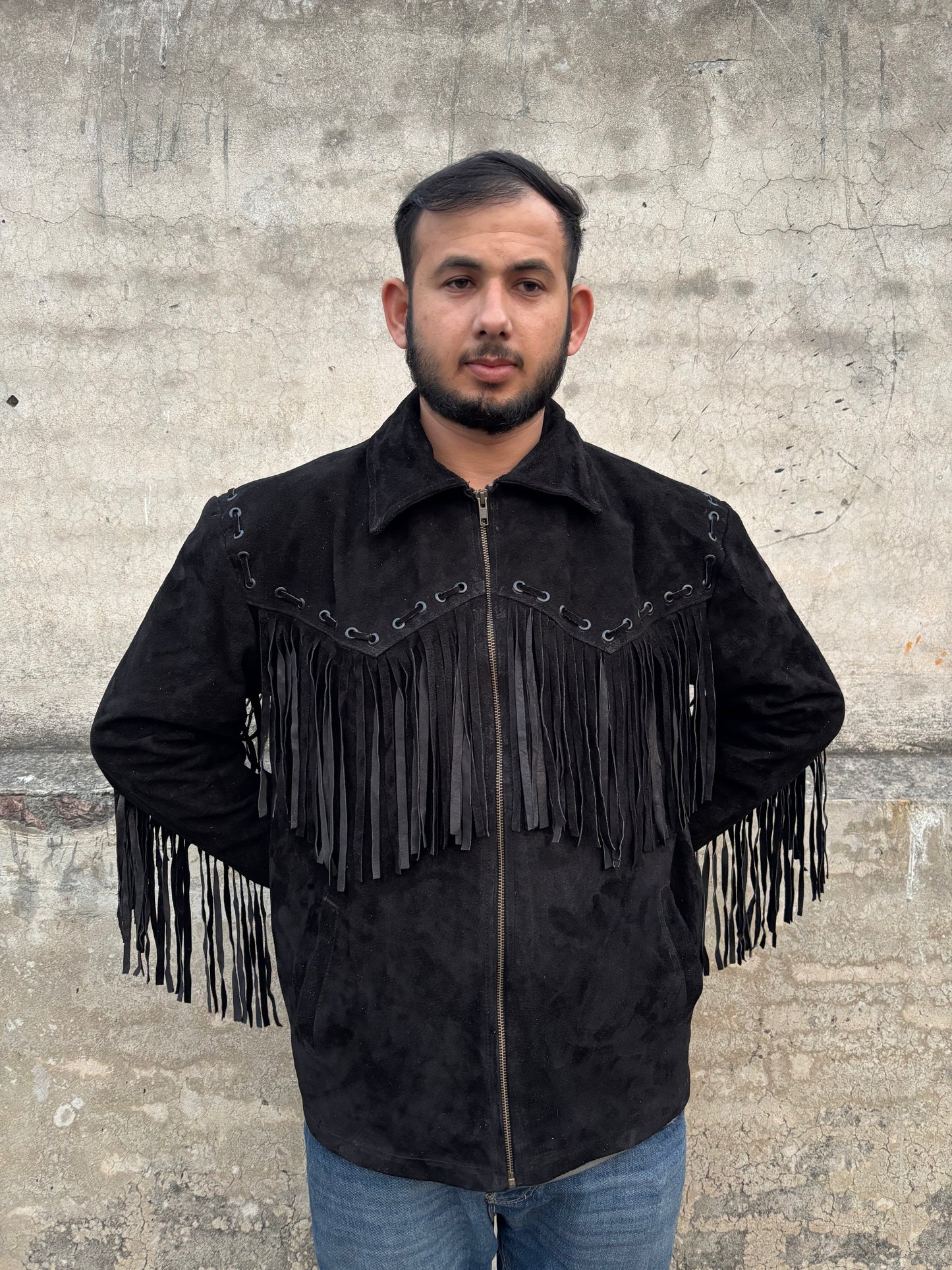 Men's Traditional Western Cowboy Suede Leather Jacket | Classic Native American Black Texture Jacket Coat with Fringed & Zipper