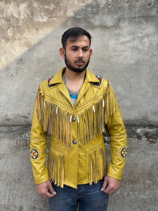 Men's Western Genuine Cowhide Leather Jacket| Traditional Native American Yellow Texture Cowhide Cowboy Coat with Fringe