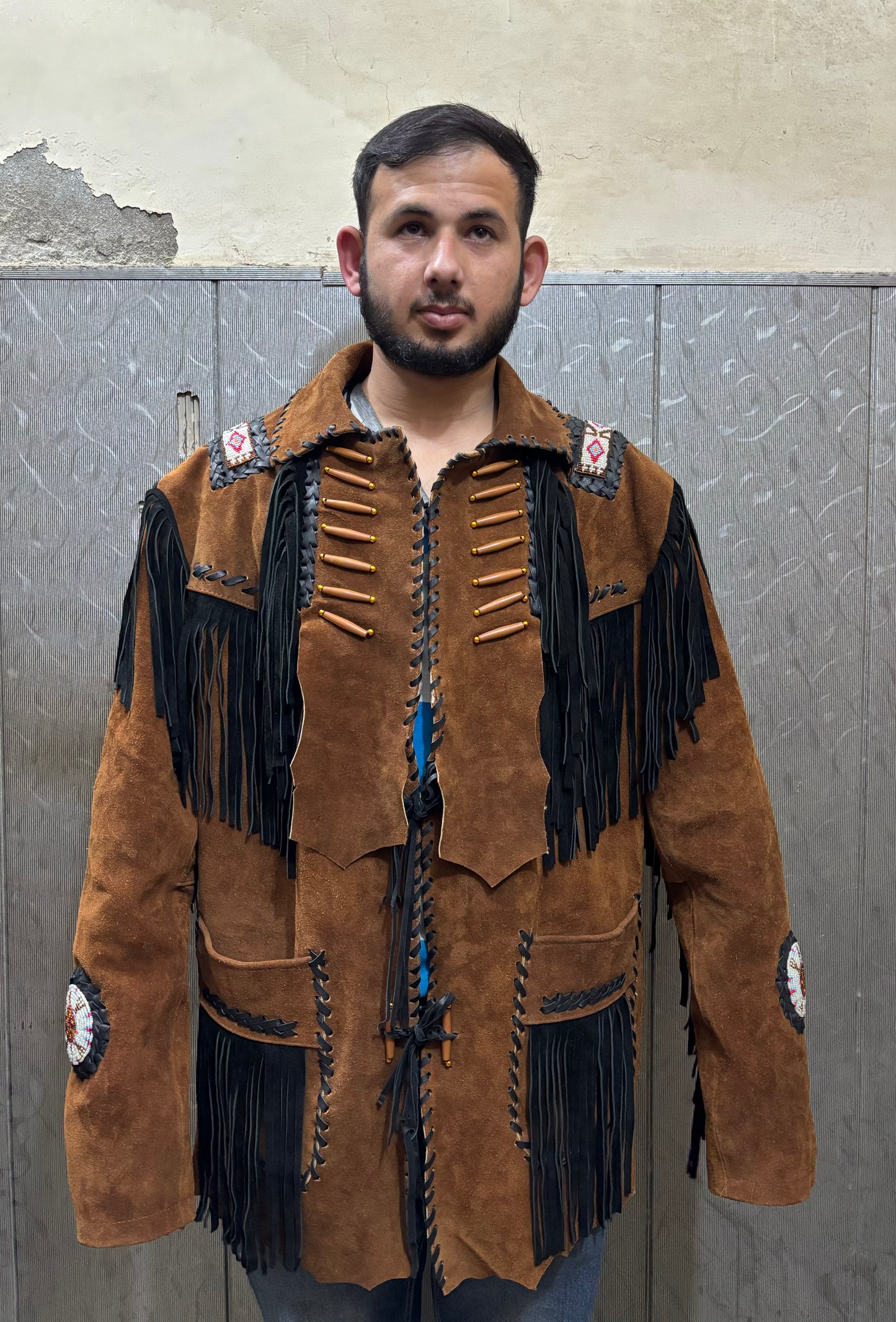 Men's Traditional Western Fringed Suede Leather Jacket | Classic Native American Brown Texture Jacket with Fringes