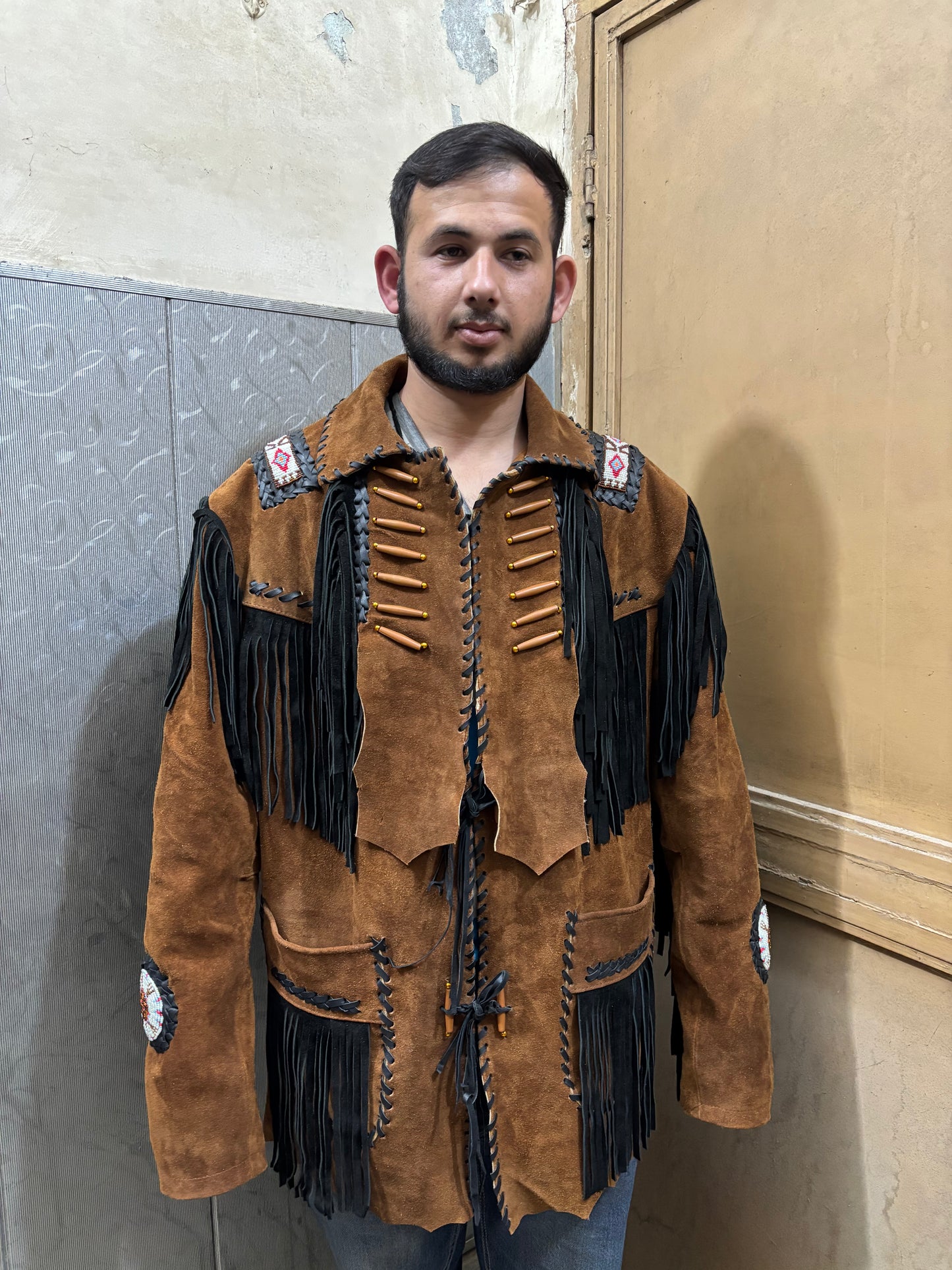 Men's Traditional Western Fringed Suede Leather Jacket | Classic Native American Brown Texture Jacket with Fringes