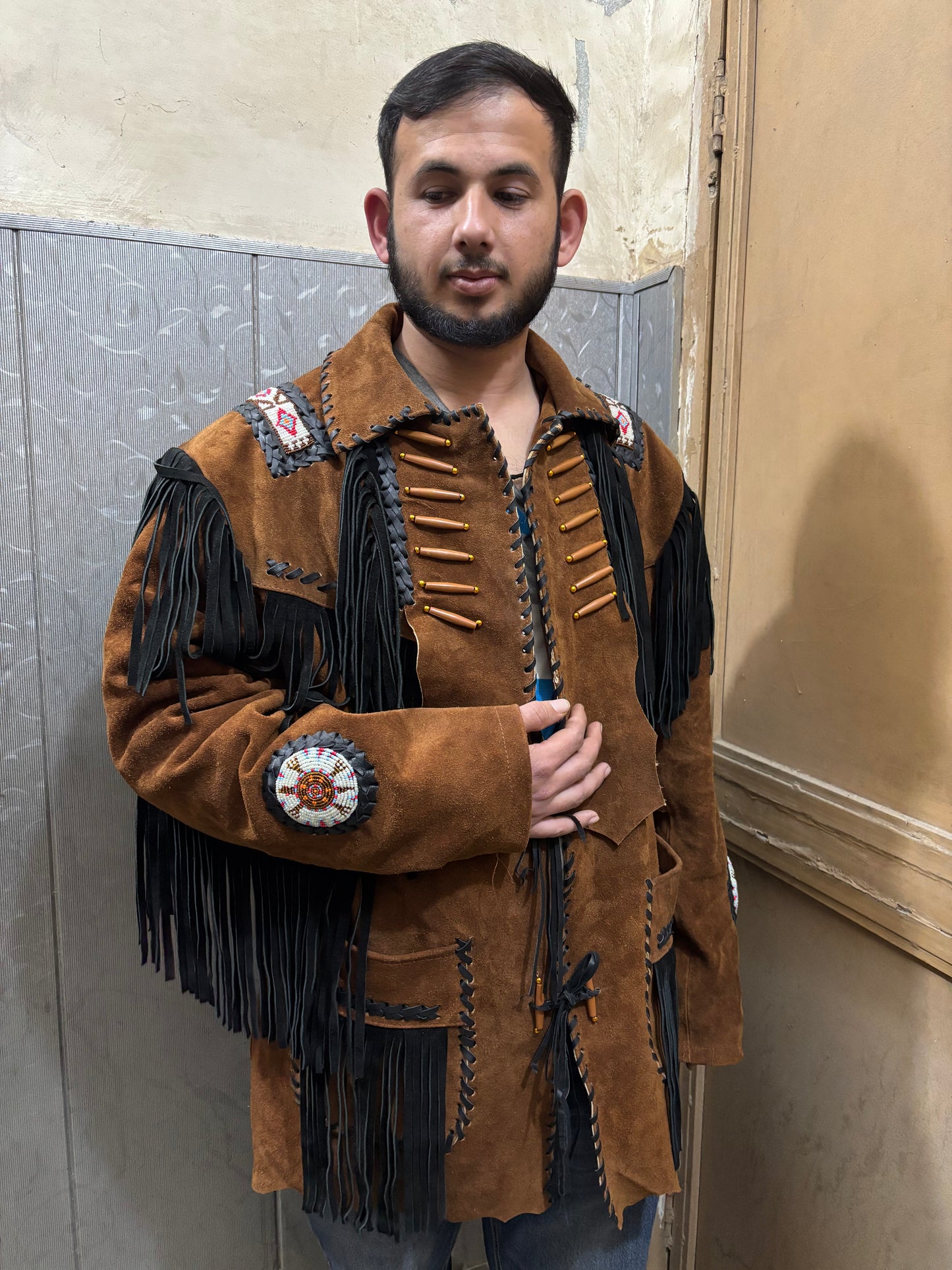 Men's Traditional Western Fringed Suede Leather Jacket | Classic Native American Brown Texture Jacket with Fringes