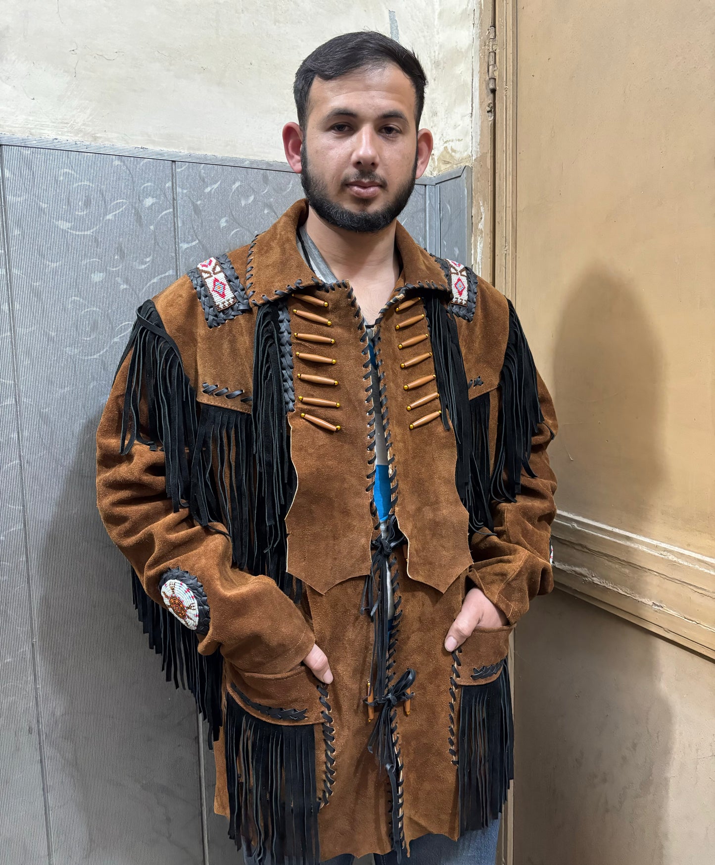 Men's Traditional Western Fringed Suede Leather Jacket | Classic Native American Brown Texture Jacket with Fringes