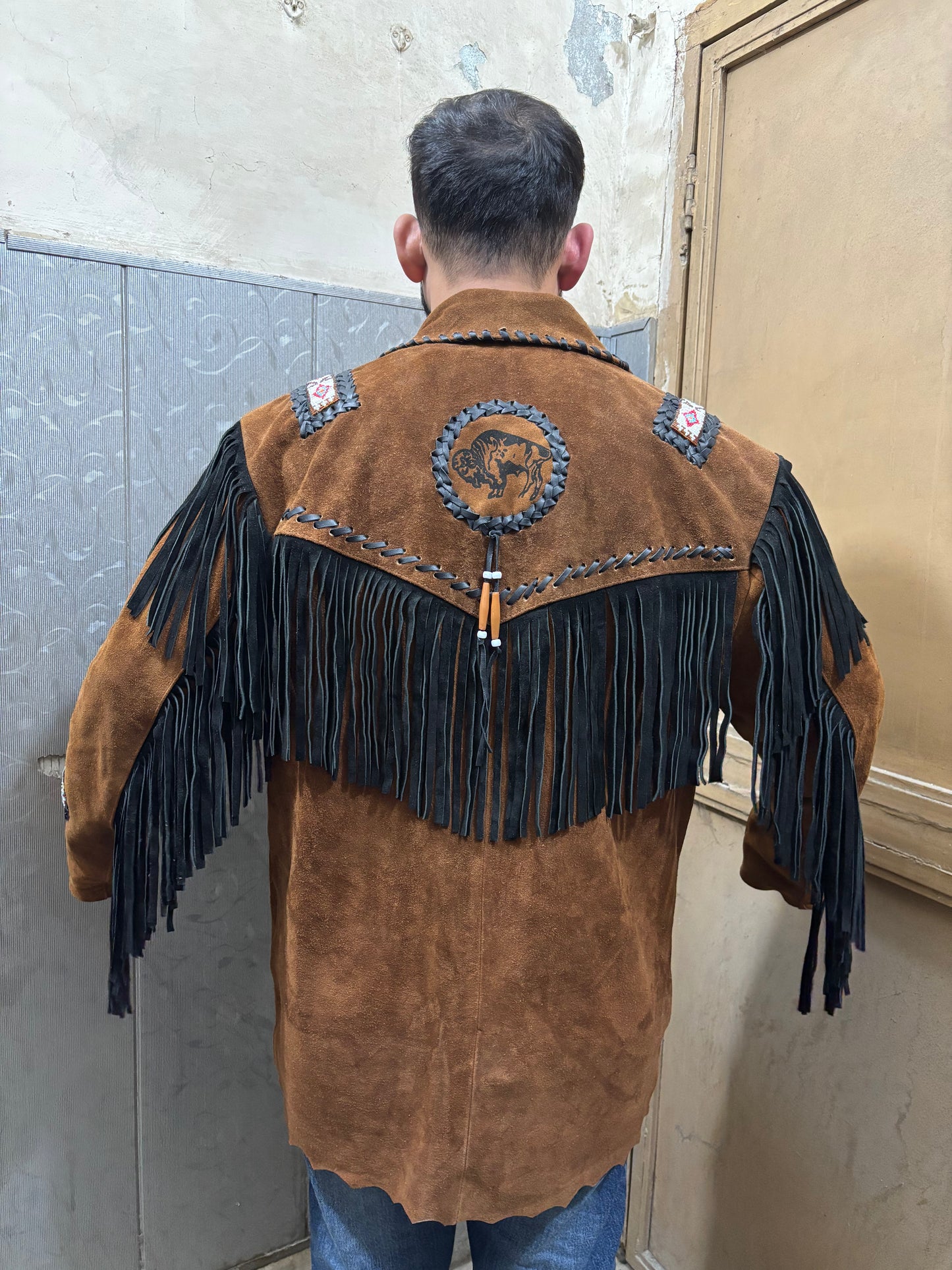 Men's Traditional Western Fringed Suede Leather Jacket | Classic Native American Brown Texture Jacket with Fringes