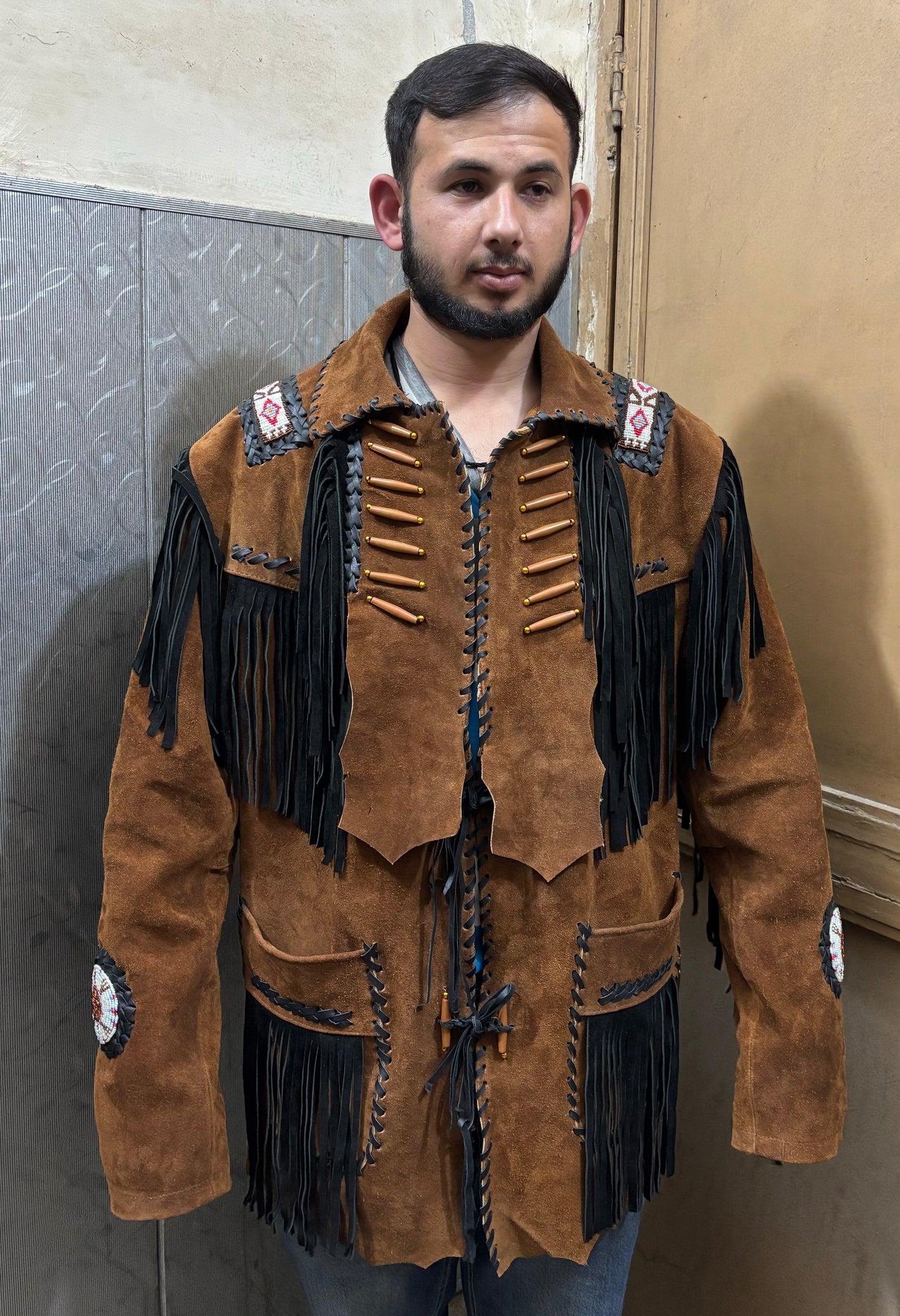 Men's Traditional Western Fringed Suede Leather Jacket | Classic Native American Brown Texture Jacket with Fringes