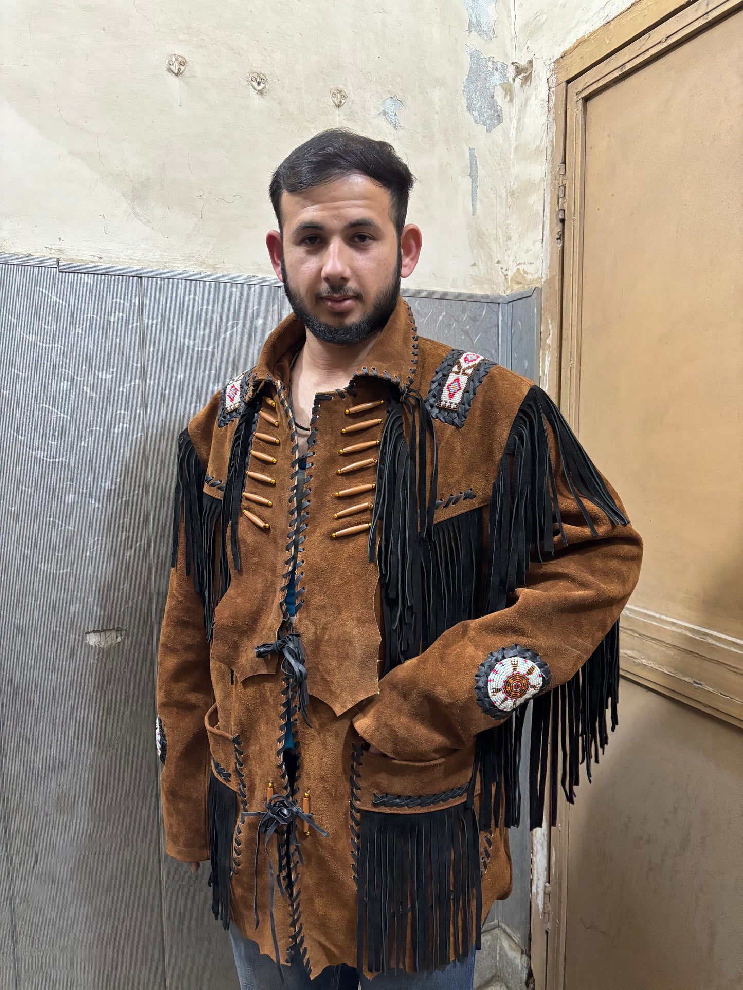 Men's Traditional Western Fringed Suede Leather Jacket | Classic Native American Brown Texture Jacket with Fringes