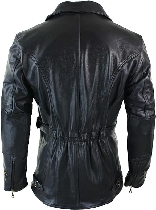 Men's Classic Cow Leather Trench Coat Biker Vintage Vexes Coat - Black