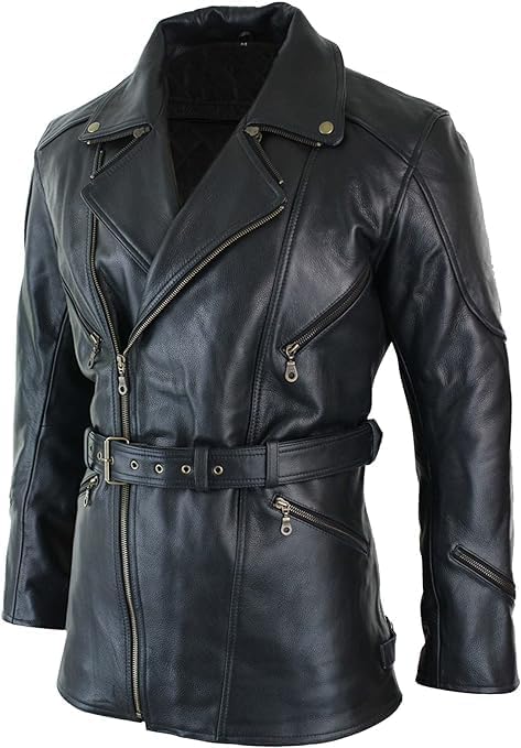 Men's Classic Cow Leather Trench Coat Biker Vintage Vexes Coat - Black