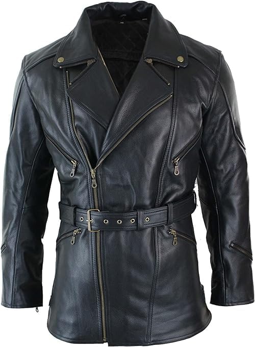 Men's Classic Cow Leather Trench Coat Biker Vintage Vexes Coat - Black