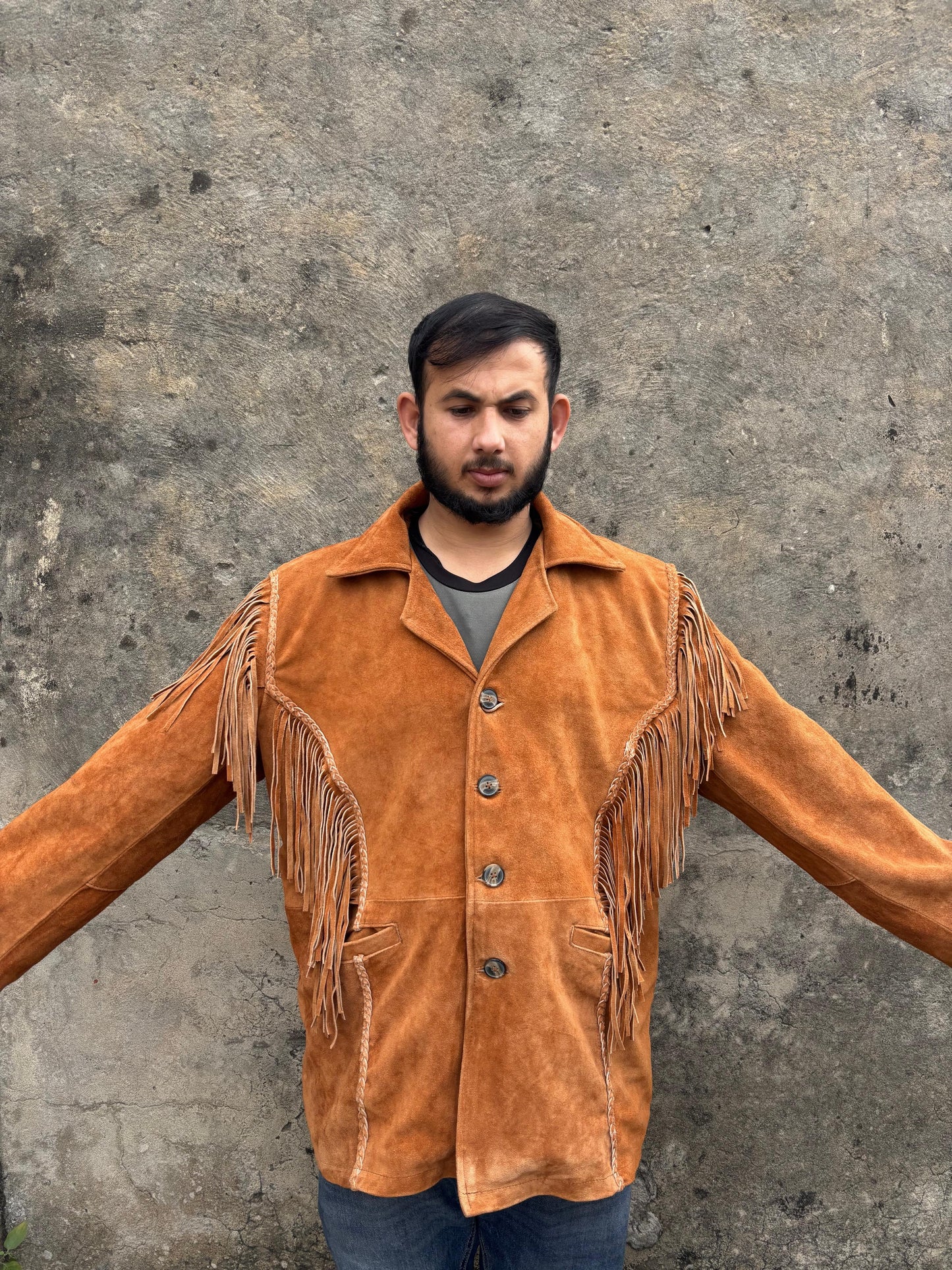 Mens Traditional Western Fringed Suede Leather Jacket | Classic Native American Camel Brown Texture Jacket Coat with Fringed