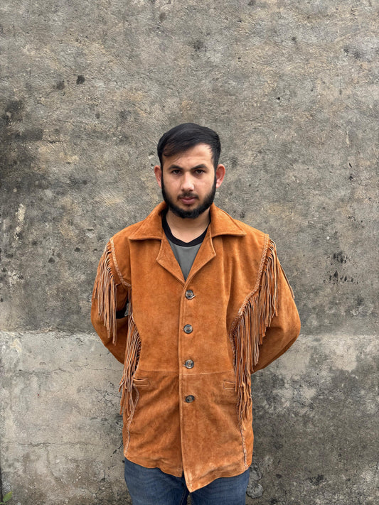 Mens Traditional Western Fringed Suede Leather Jacket | Classic Native American Camel Brown Texture Jacket Coat with Fringed