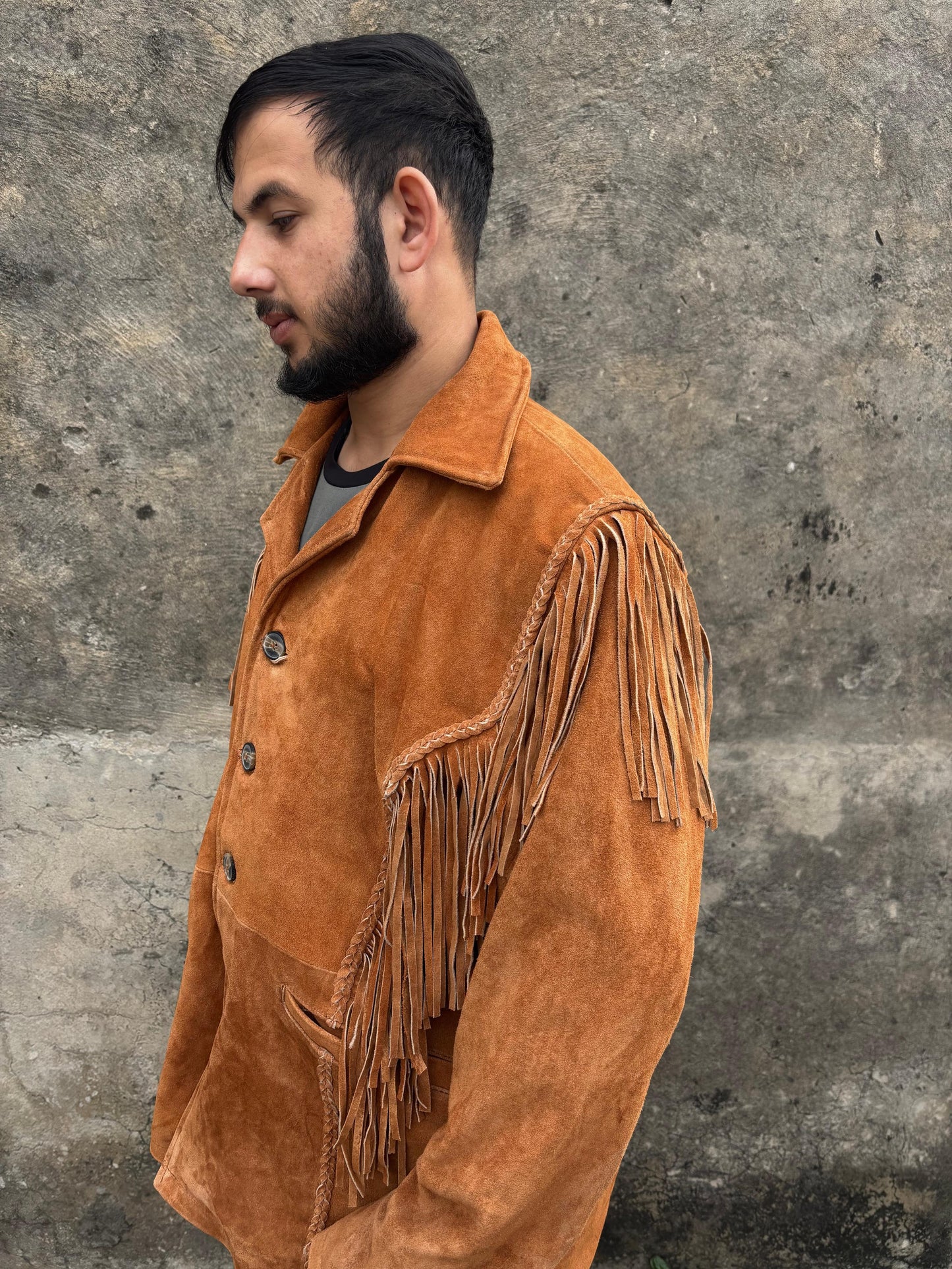 Mens Traditional Western Fringed Suede Leather Jacket | Classic Native American Camel Brown Texture Jacket Coat with Fringed