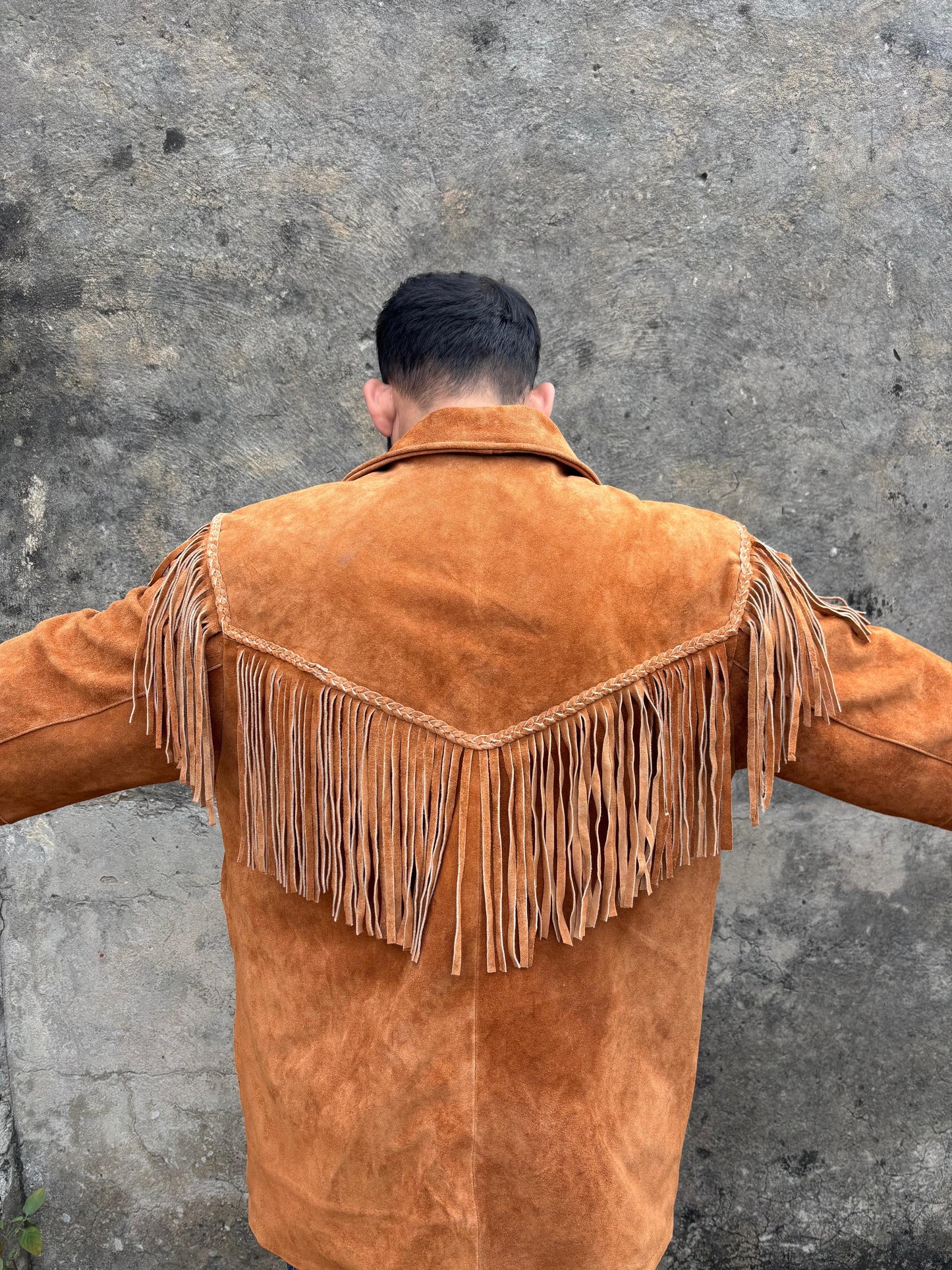 Mens Traditional Western Fringed Suede Leather Jacket | Classic Native American Camel Brown Texture Jacket Coat with Fringed