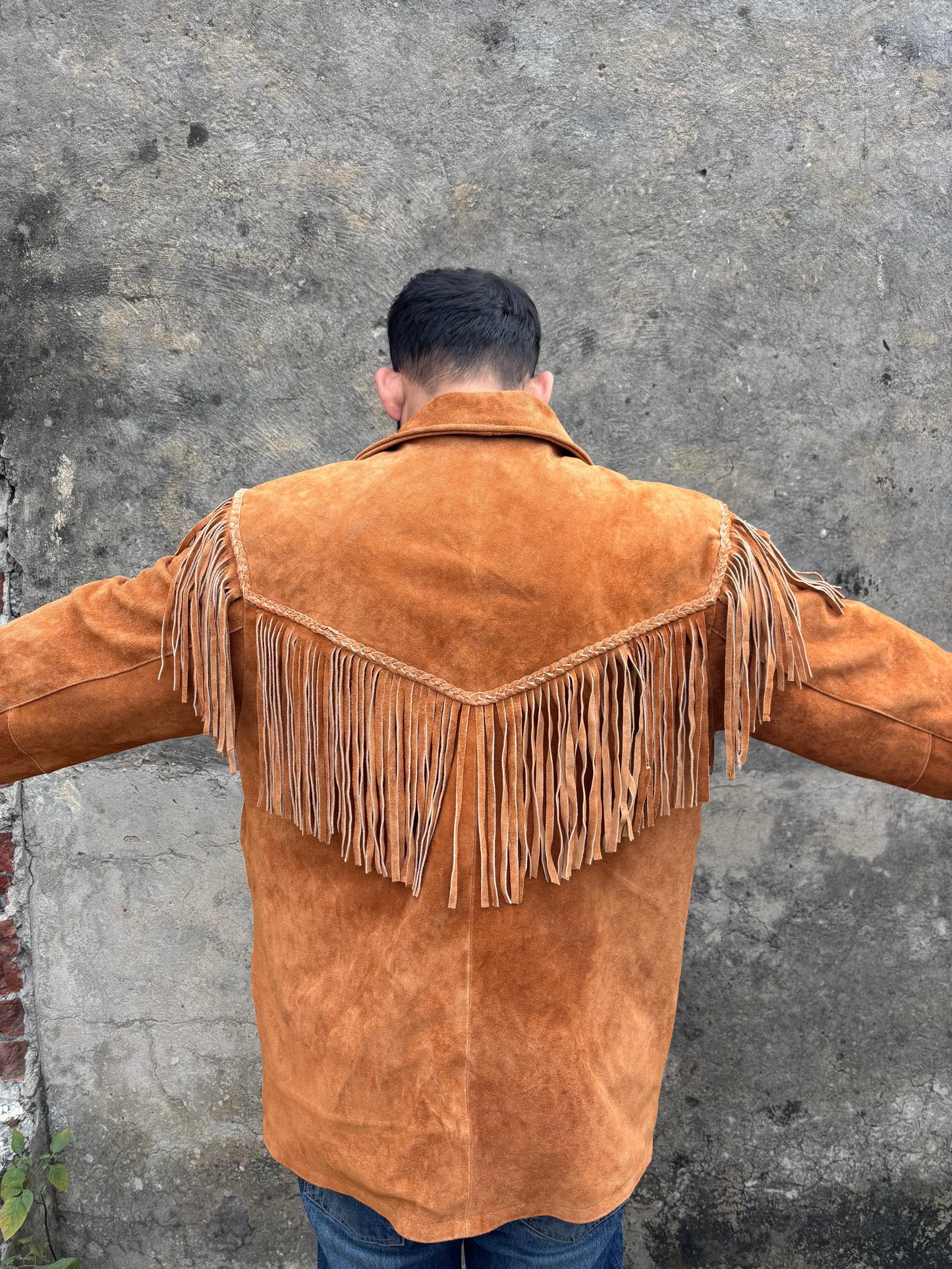 Mens Traditional Western Fringed Suede Leather Jacket | Classic Native American Camel Brown Texture Jacket Coat with Fringed