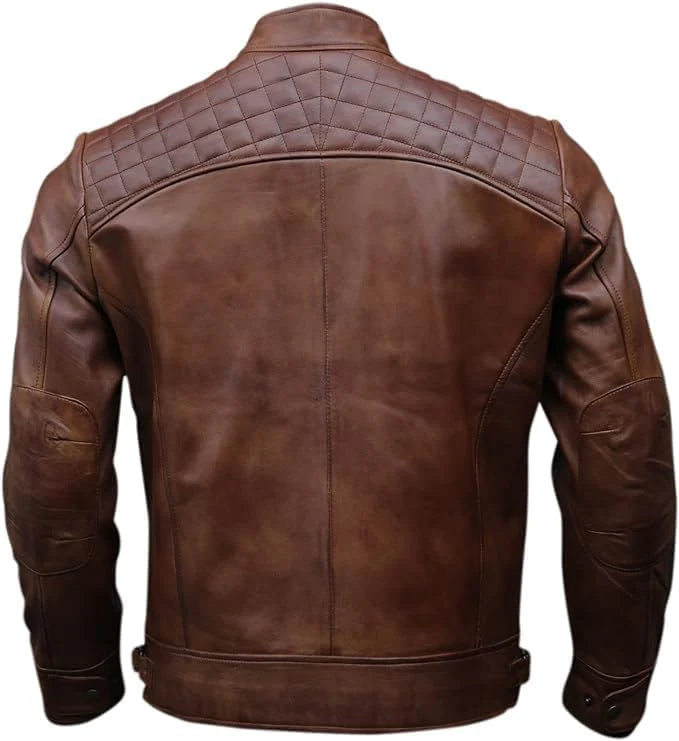 Brown Texture Lambskin Leather Biker Jacket