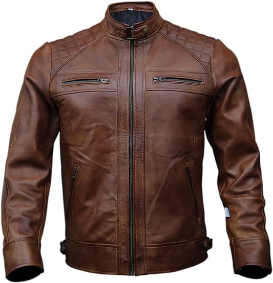 Brown Texture Lambskin Leather Biker Jacket