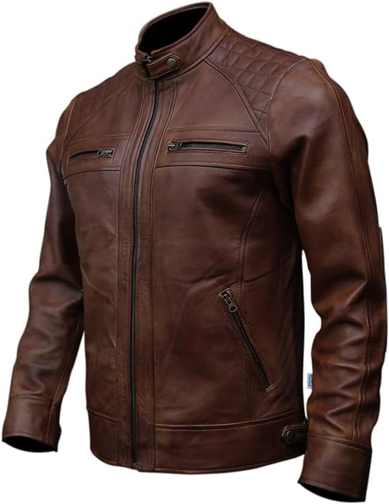 Brown Texture Lambskin Leather Biker Jacket