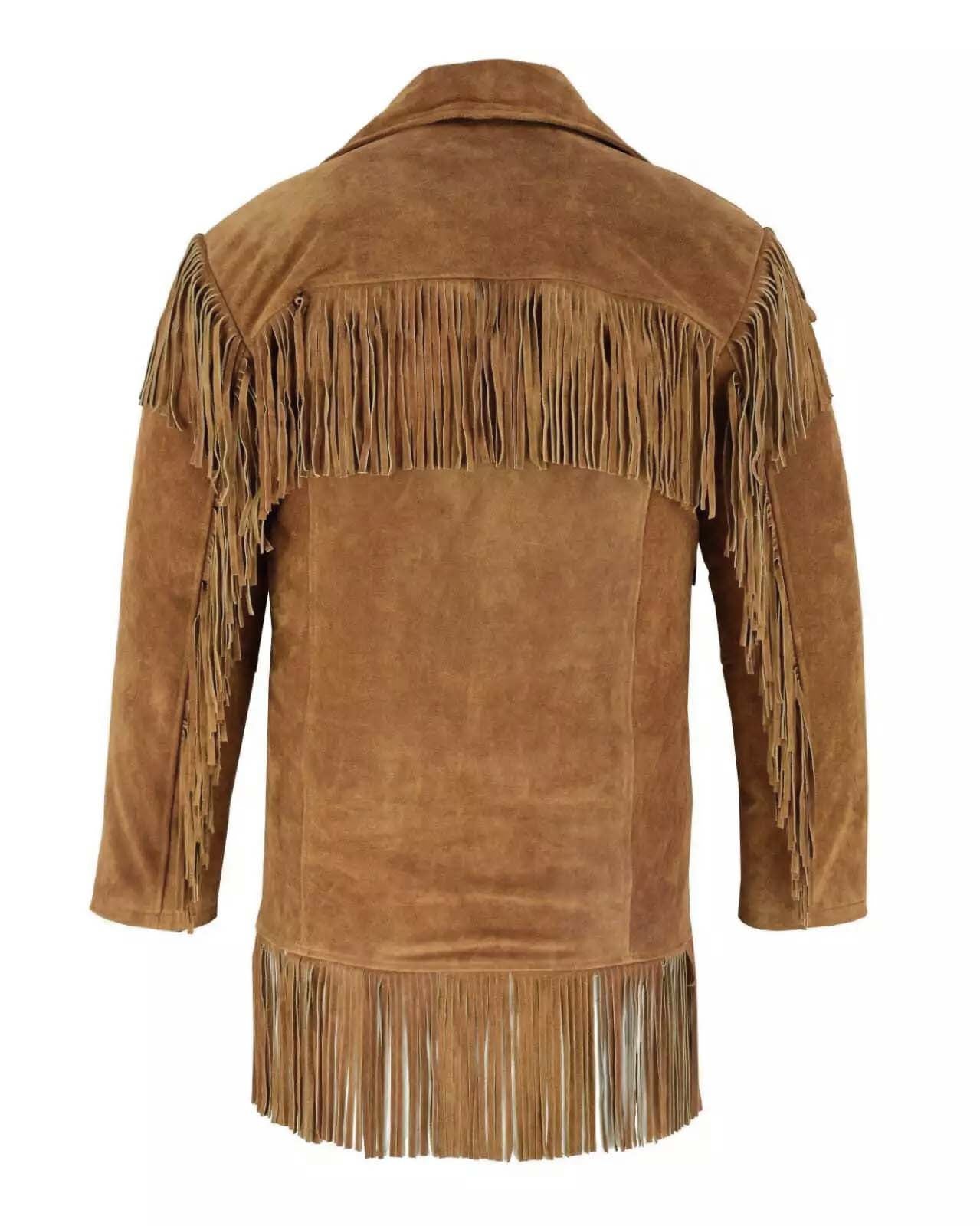 Men's Traditional Cowboy Western Leather Jacket | Native American Suede Coat with Simple Long Fringes - Camel