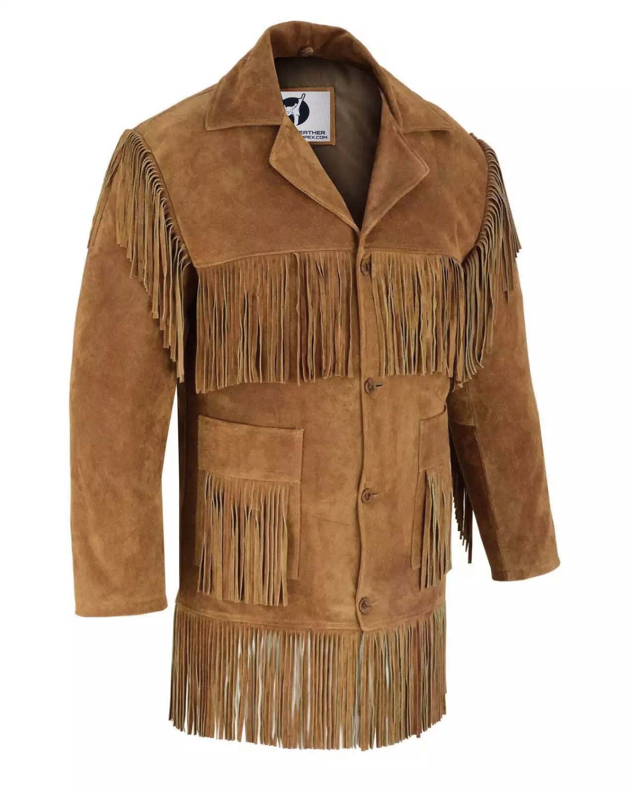 Men's Traditional Cowboy Western Leather Jacket | Native American Suede Coat with Simple Long Fringes - Camel