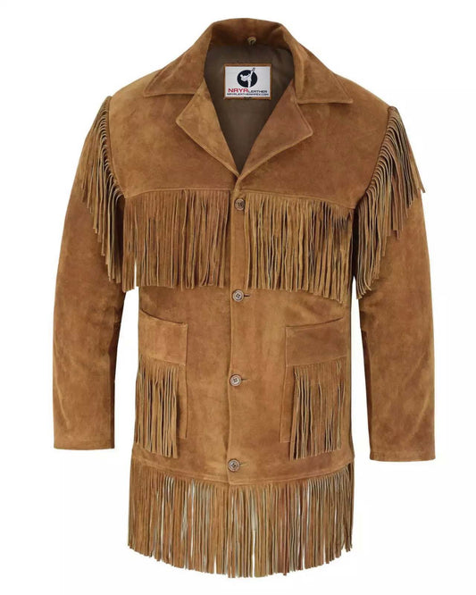 Men's Traditional Cowboy Western Leather Jacket | Native American Suede Coat with Simple Long Fringes - Camel