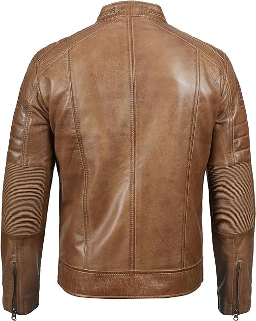 Classic Cafe Racer Style Real Lambskin Leather Jacket For Men - Camel Brown