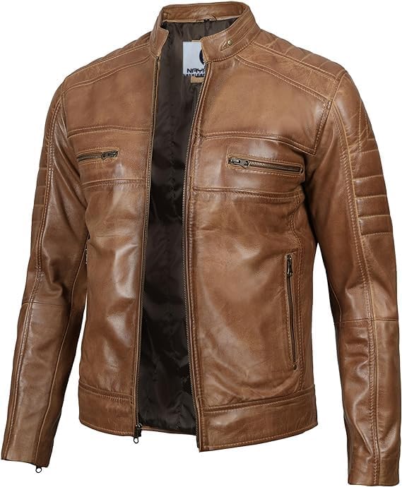 Classic Cafe Racer Style Real Lambskin Leather Jacket For Men - Camel Brown