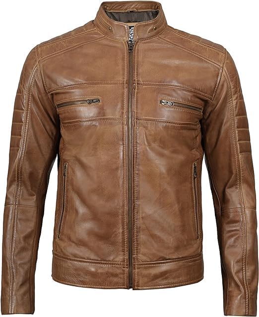 Classic Cafe Racer Style Real Lambskin Leather Jacket For Men - Camel Brown