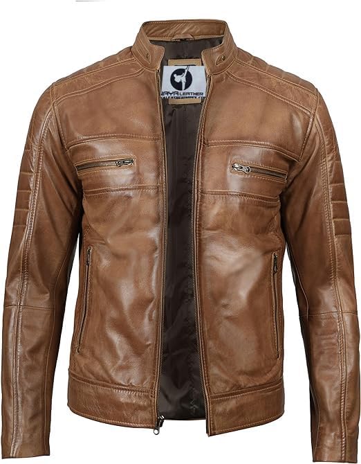 Classic Cafe Racer Style Real Lambskin Leather Jacket For Men - Camel Brown