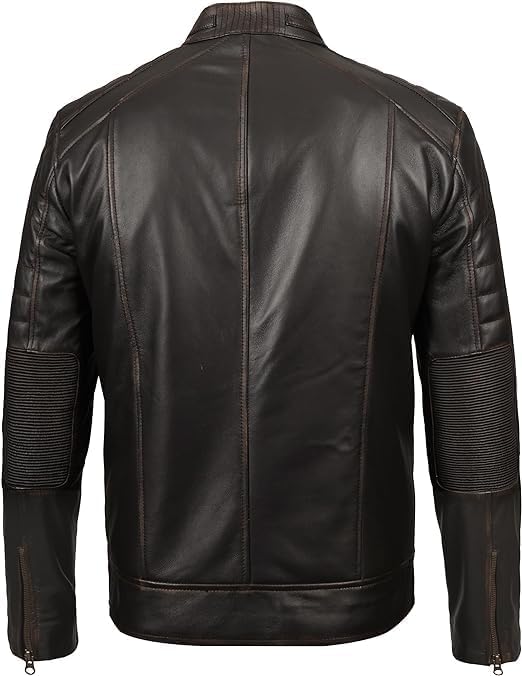 Classic Cafe Racer Style Real Lambskin Leather Jacket For Men - Coffee