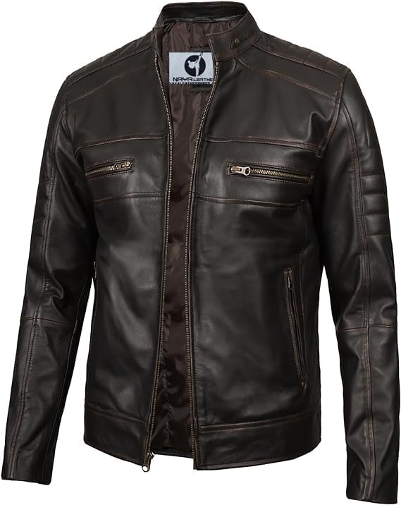 Classic Cafe Racer Style Real Lambskin Leather Jacket For Men - Coffee