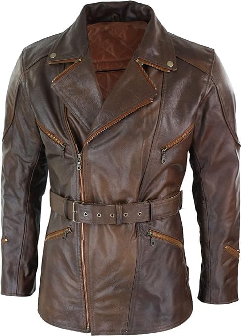 Men's Classic Cow Leather Trench Coat Biker Vintage Vexes Coat - Brown