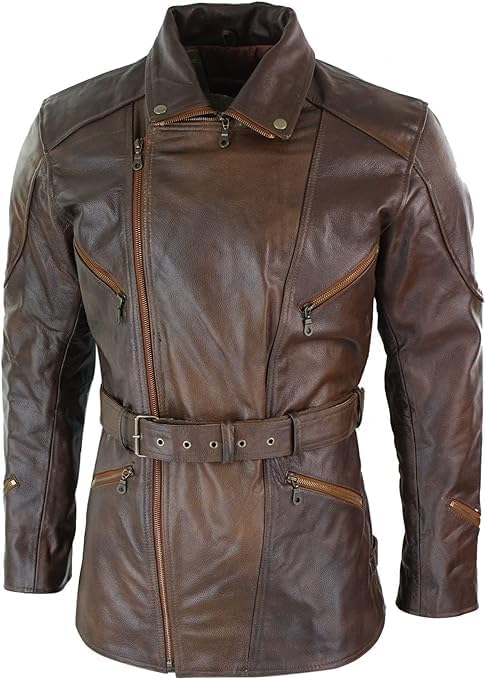 Men's Classic Cow Leather Trench Coat Biker Vintage Vexes Coat - Brown