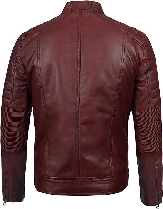 Classic Cafe Racer Style Real Lambskin Leather Jacket For Men - Maroon