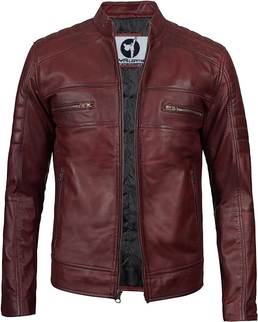 Classic Cafe Racer Style Real Lambskin Leather Jacket For Men - Maroon