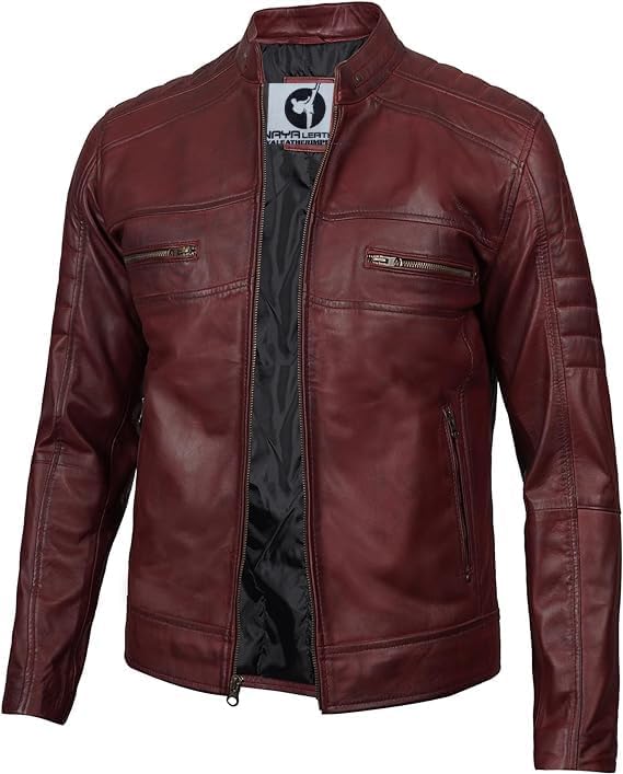 Classic Cafe Racer Style Real Lambskin Leather Jacket For Men - Maroon